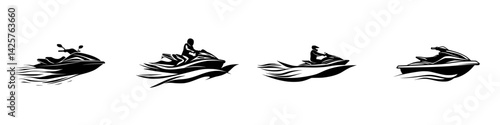 Dynamic black icon set showcasing jet skis in action with varying angles and speeds for design or branding purposes