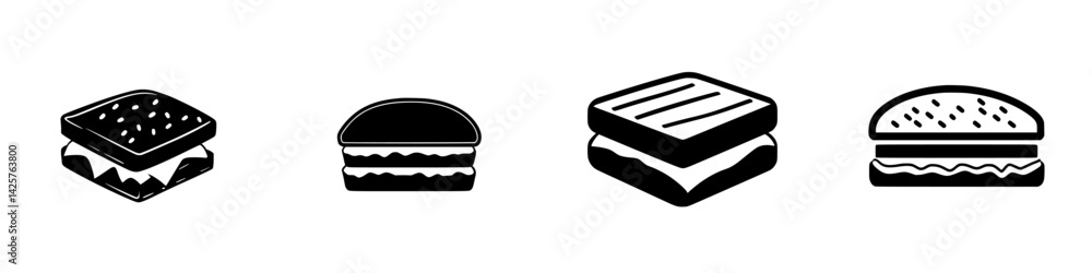 Various black sandwich icons depicting different styles of sandwiches suitable for menus and food-related graphics Various black sandwich icons depicting different styles of sandwiches suitable for menus and food-related graphics