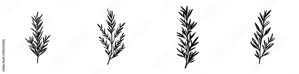 Black icon set featuring four stylized leaf designs showcasing nature's elegance and simplicity in a modern style Black icon set featuring four stylized leaf designs showcasing nature's elegance and simplicity in a modern style