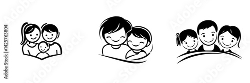 Family black icon set featuring various joyful moments and connections among loved ones
