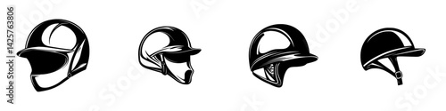 Set of black helmets designed for various sports showcasing sleek lines and distinct shapes, ideal for enhancing safety and style