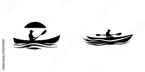 Black icons representing kayaking activities on water during sunset with one kayak featuring a paddler and waves