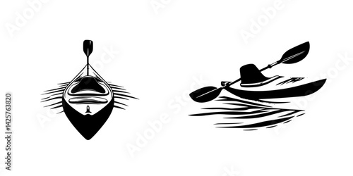 Black icon set featuring detailed designs of kayaks in different positions and angles