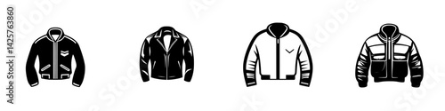 Stylish black icon set of jackets with various designs showcasing modern outerwear trends