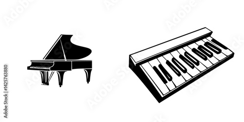 Black icon representation of grand piano and keyboard showcases musical instruments in a minimalist style