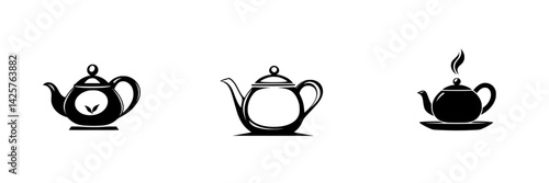 Set of black teapot icons showcasing various styles and designs for tea enthusiasts or brand usage in culinary presentations and artistic designs