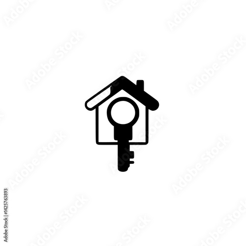 Black icon of a house with a key symbol representing home security and ownership in a simple design