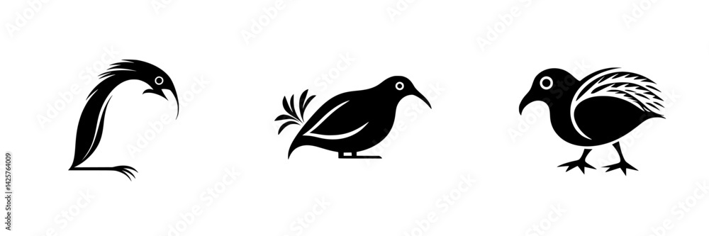 Fototapeta premium Black icons depicting stylized bird designs, showcasing three different bird silhouettes with varied features