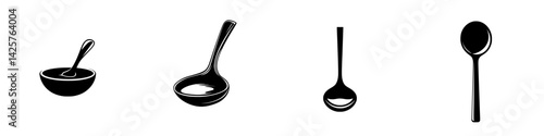Wide variety of black icons depicting different types of kitchen spoons suitable for various culinary tasks