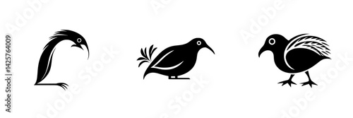 Black icons depicting stylized bird designs, showcasing three different bird silhouettes with varied features