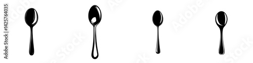 Illustration of black spoons arranged in a row, showcasing different angles and designs in minimalistic style