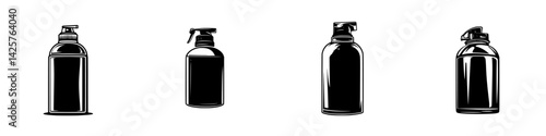 Variety of black spray bottles designed for various applications displayed on a white background