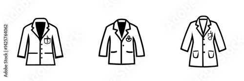 Set of three black icons representing various types of lab coats worn by medical professionals in healthcare settings