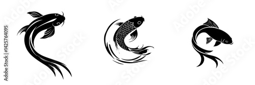 Elegant set of black fish icons showcasing dynamic movement and graceful forms