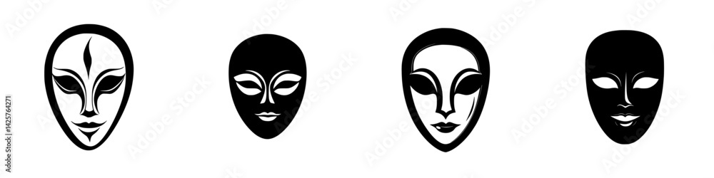 Collection of black icons depicting various alien and human face designs with unique characteristics Collection of black icons depicting various alien and human face designs with unique characteristics