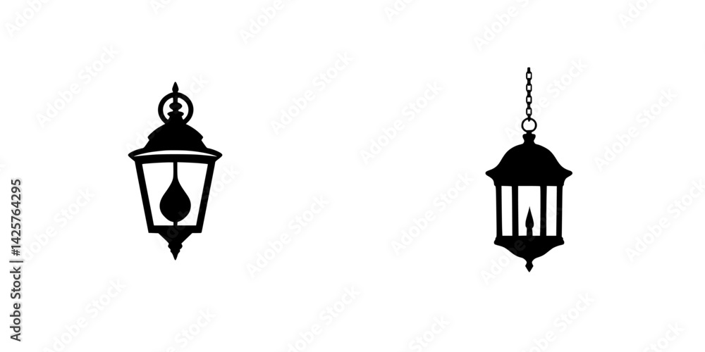Naklejka premium Set of black icons depicting decorative lanterns suitable for various design projects and creative applications