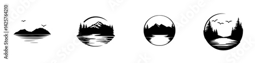 Nature themed black icon collection featuring mountains, forests, and lakes with varying designs for creative use