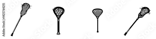 Black lacrosse icons showing different stick designs in a minimalist style for sports graphics