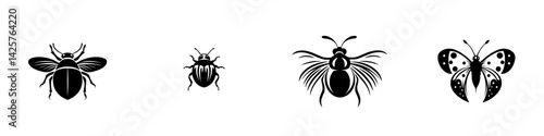 Insect icons featuring a bee, ladybug, wasp, and butterfly in a minimalist black design