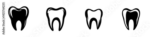 Collection of black tooth icons showcasing various styles and designs for use in dental applications or graphic projects
