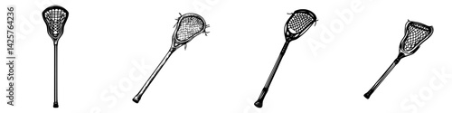 Collection of lacrosse stick illustrations showcasing various designs and styles in a minimalistic black icon format