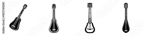 Various black icons of string instruments showcasing unique designs and styles in a minimalist layout for music enthusiasts