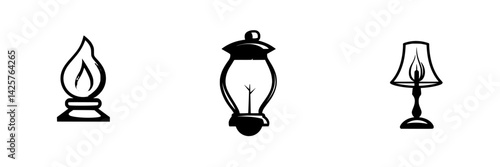 Set of three black icons representing different types of lighting fixtures for design and decorative purposes