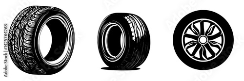 Different styles of black tire icons representing various vehicle tire designs for automotive graphics