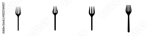 Set of four black fork icons arranged evenly on a white background for culinary design and illustration purposes