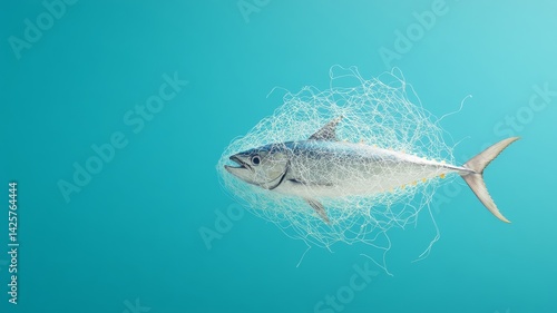An awareness poster featuring a powerful image of a tuna entangled in ghost nets