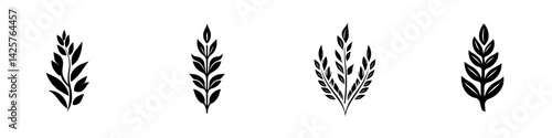 Set of black icons featuring stylized plant designs with varying shapes and structures suitable for modern graphic use