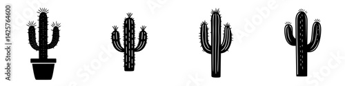 Different varieties of black cactus icons arranged in a row showcasing unique shapes and designs ideal for graphic use