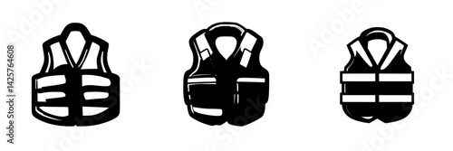 Set of three black life jackets showcasing various designs and styles for water safety and recreation purposes