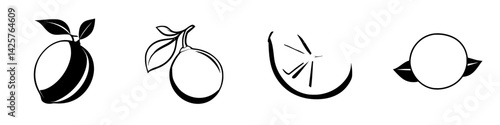 Set of black fruit icons featuring orange, lemon, and lime designs showcasing minimalist style and varying shapes and textures