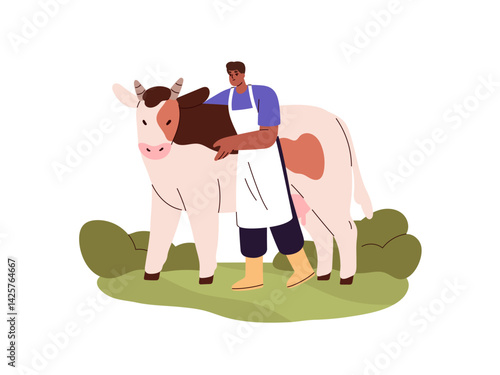 Farm worker shepherds cow on pasture. Black man farming, cares about agriculture cattle. Farmer goes animal husbandry, livestock breeding. Flat isolated vector illustration on white background