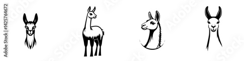 Collection of four black icons depicting llamas in varying artistic styles showcasing their unique features