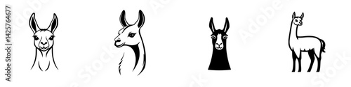 Different variations of a black icon depicting a llama in various artistic styles and outlines on a white background