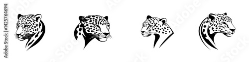 Black icon set showcasing elegant leopard head designs for various artistic applications