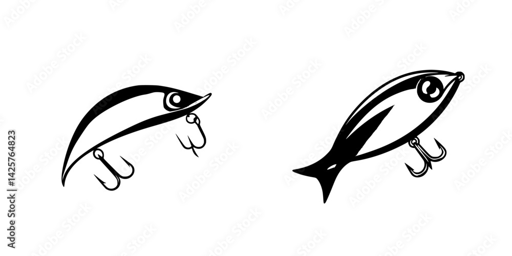 Obraz premium Black fishing lure icons showcasing distinct designs in a minimalist style perfect for fishing enthusiasts and graphic applications