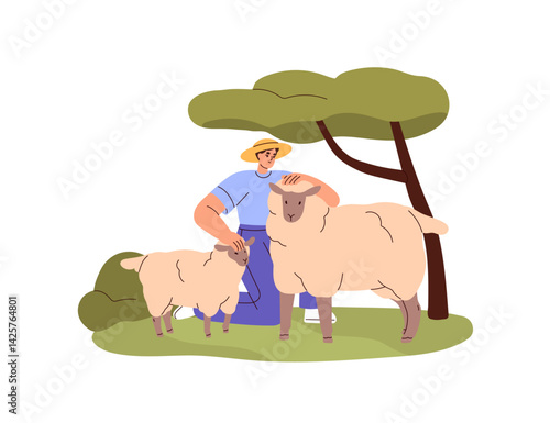 Agriculture worker shepherds livestock on pasture, field. Farmer cares about cute sheep, baby lamb on meadow. Happy person growing farm animals. Flat isolated vector illustration on white background
