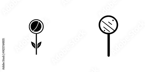 Set of black icons depicting a flower and a round sign on a plain background highlighting simplicity in design