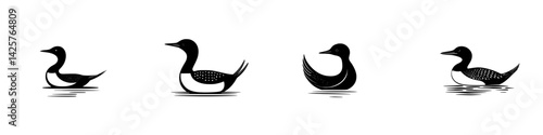 Black silhouette icons of ducks in various swimming poses suitable for design projects or artistic inspiration