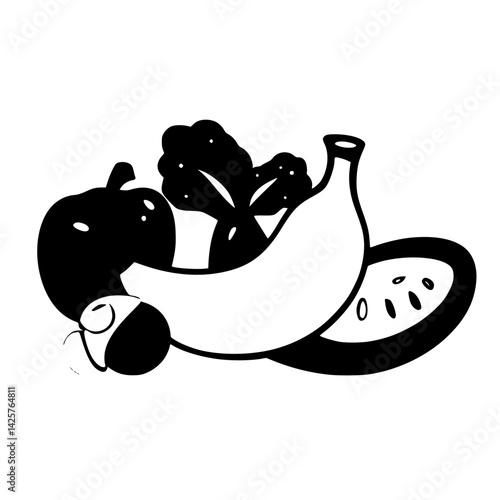 Black icon of various fruits and vegetables arranged artistically in a minimalist style