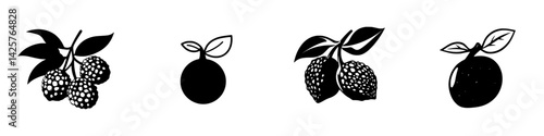 Black fruit icons including lychee, orange, and other berries on a clean background highlighting simple fruit shapes