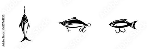 Illustrations of black fishing icons representing various fish and hooks used in angling activities