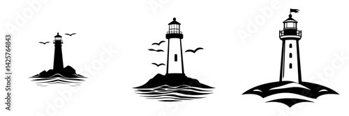 Black icons of lighthouses standing on rocky shores with waves crashing below, symbolizing guidance and safety over the sea