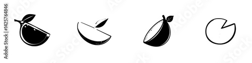 Black icon set featuring four distinctive black fruit designs with simple leaves and varying shapes on a minimal background