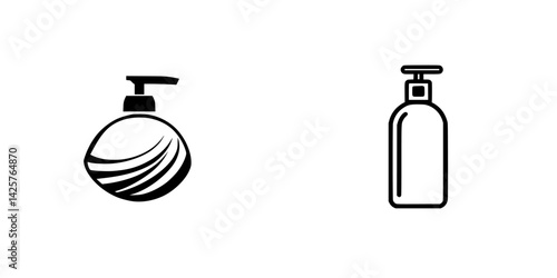 Black icons of a liquid soap dispenser and a body lotion bottle designed for minimalist aesthetic purposes