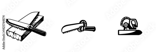 Set of black icons depicting various saw types used in woodworking and construction for efficient cutting tasks