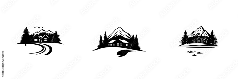 Obraz premium Black icon set featuring mountain landscapes with houses and trees in varying orientations